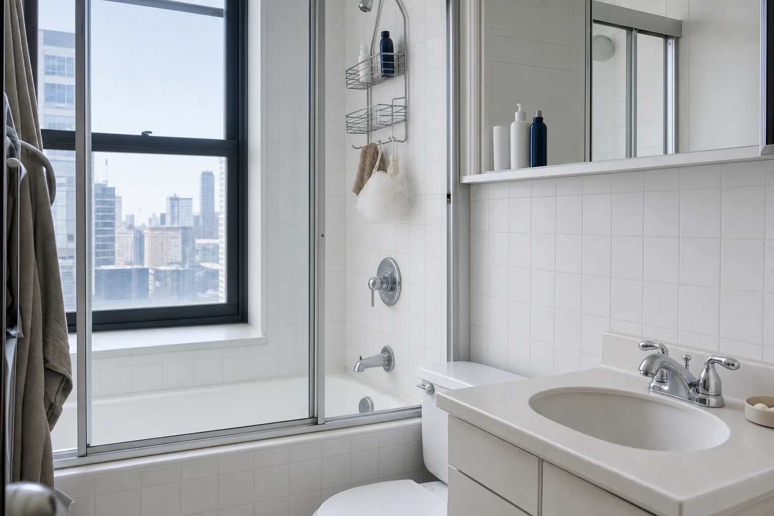 The same bathroom with the shower glass clear and the shelf tidy