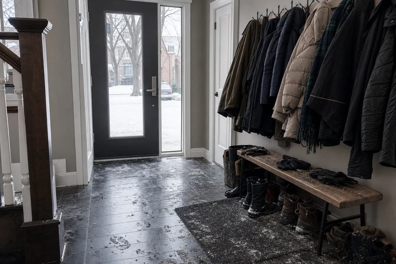 Entry hall with road salt and grit tracked across the floor in winter