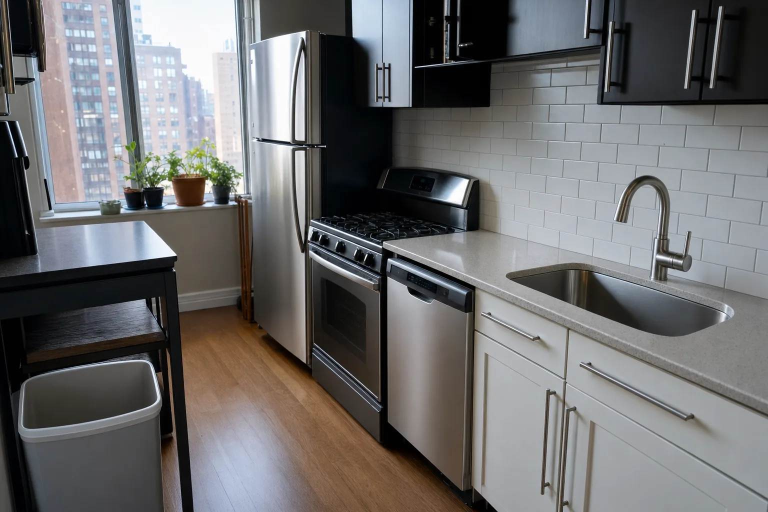 The same kitchen with counters clear, the sink empty and the floor clean