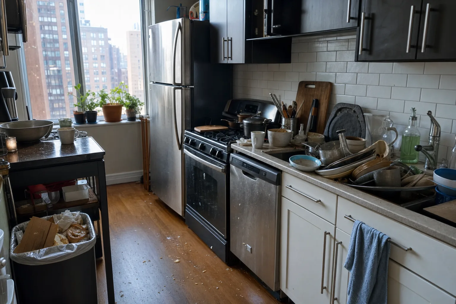 Apartment kitchen with crowded counters, a full sink and crumbs on the floor