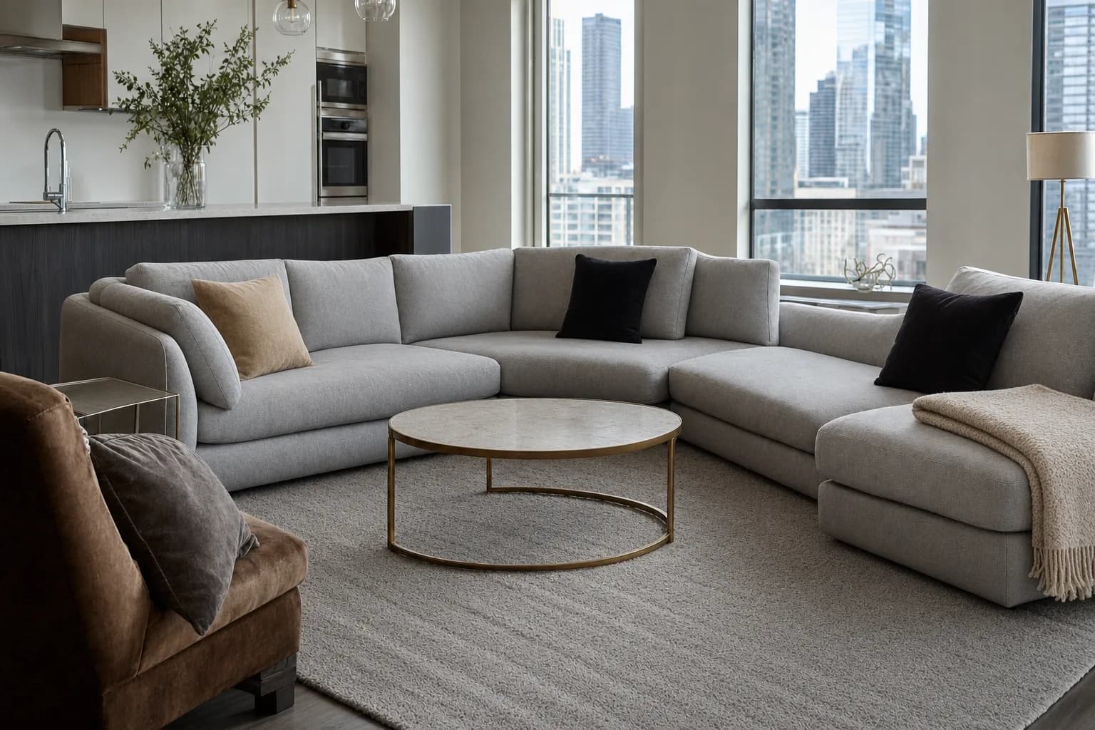 The same living room reset, with clear surfaces and a freshly vacuumed rug