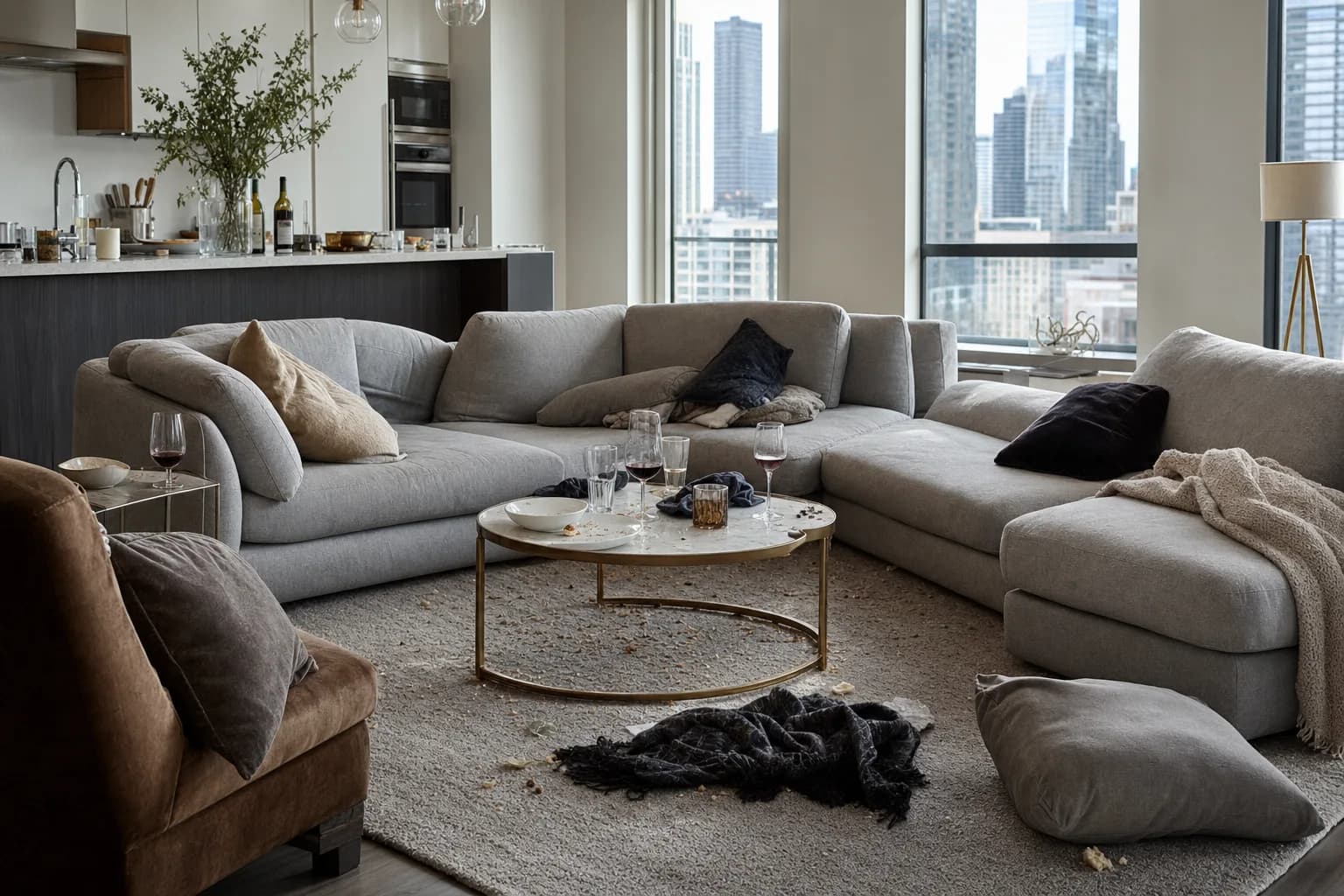 Living room the morning after guests, with glasses left out and cushions askew