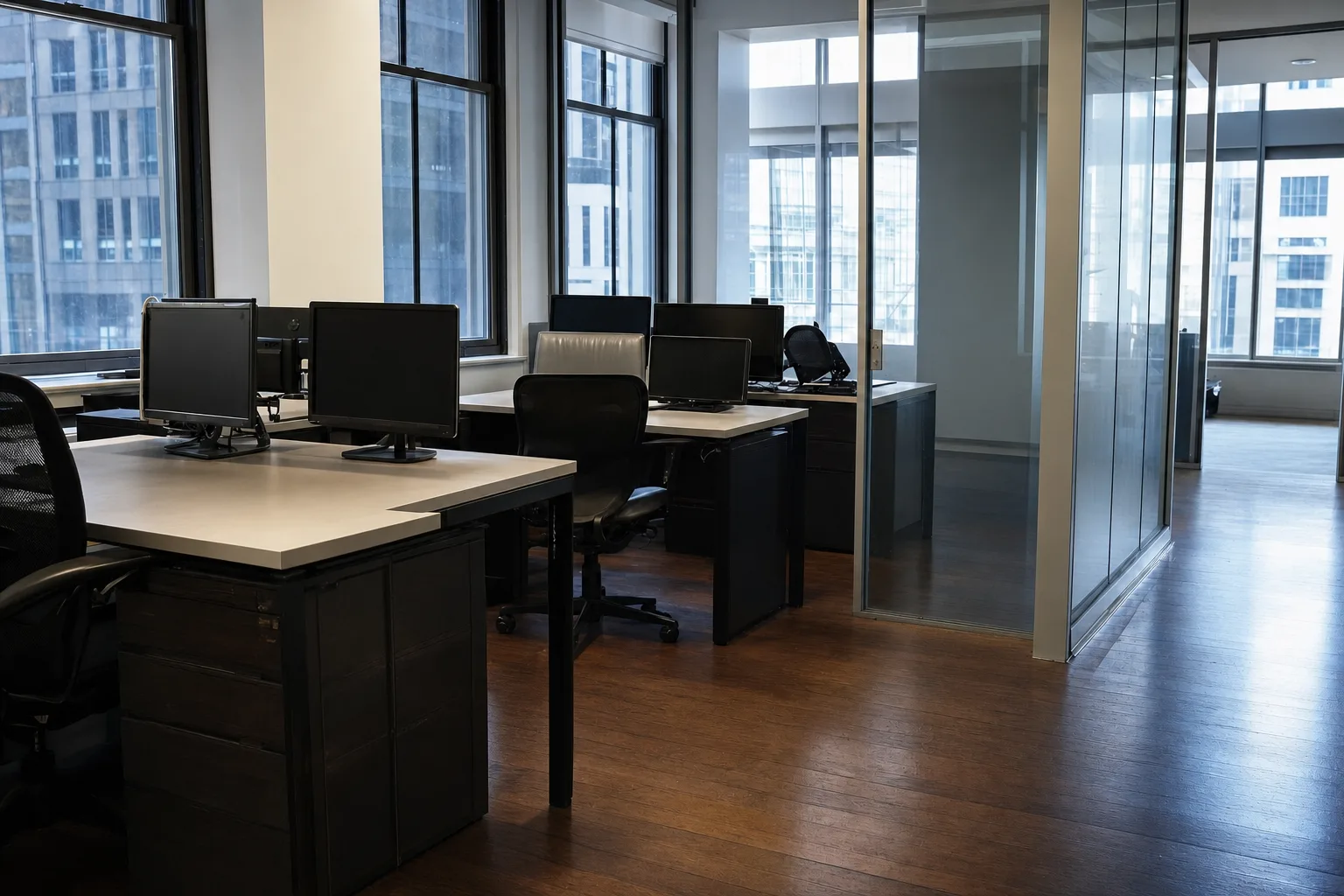 The same office cleaned after hours, desks clear and the glass partition polished