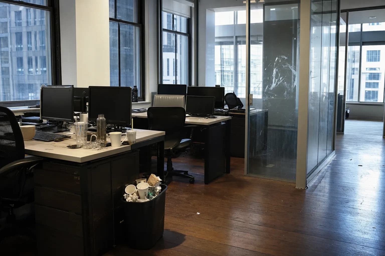 Open-plan office at the end of the day with cluttered desks and a full waste basket