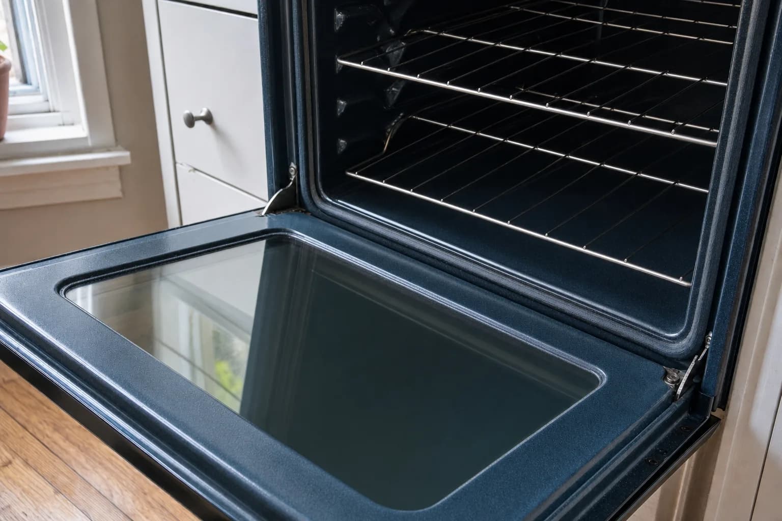 The same oven with a clear glass door, clean racks and wiped enamel