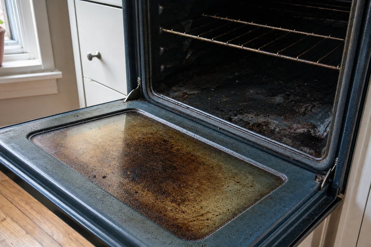 Oven door and interior with baked-on carbon and blackened racks
